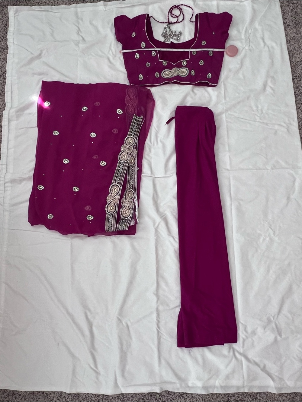 Embellished Magenta Saree Set - Women